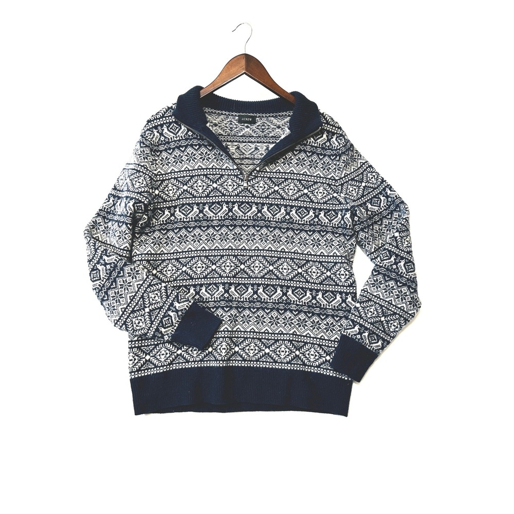 J.Crew Quarter Zip Sweater Size L Lambswool Fair Isle Nordic Navy Preppy Large
